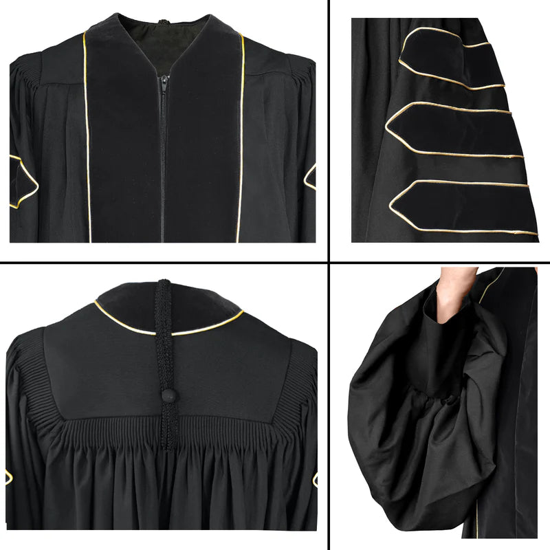 Black Deluxe Doctoral Gown with Gold Piping - Academic Regalia