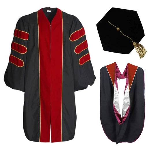 KUI Deluxe Doctoral Regalia Set – Scarlet Gown with Gold Piping, Hood & 8-Sided Velvet Tam
