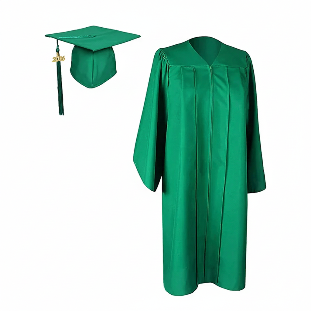 Matte Green Graduation Cap Gown and Tassel