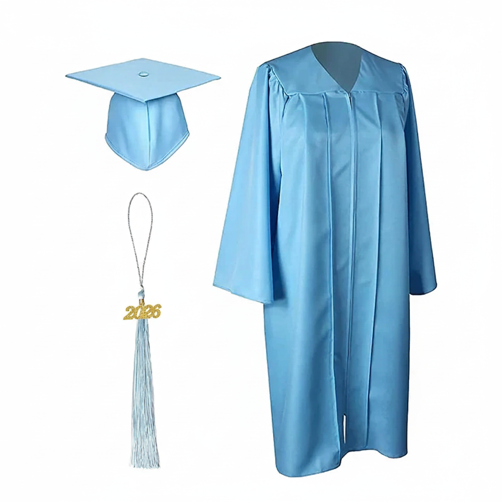 Matte Light Blue Cap, Gown and Tassel for Graduation