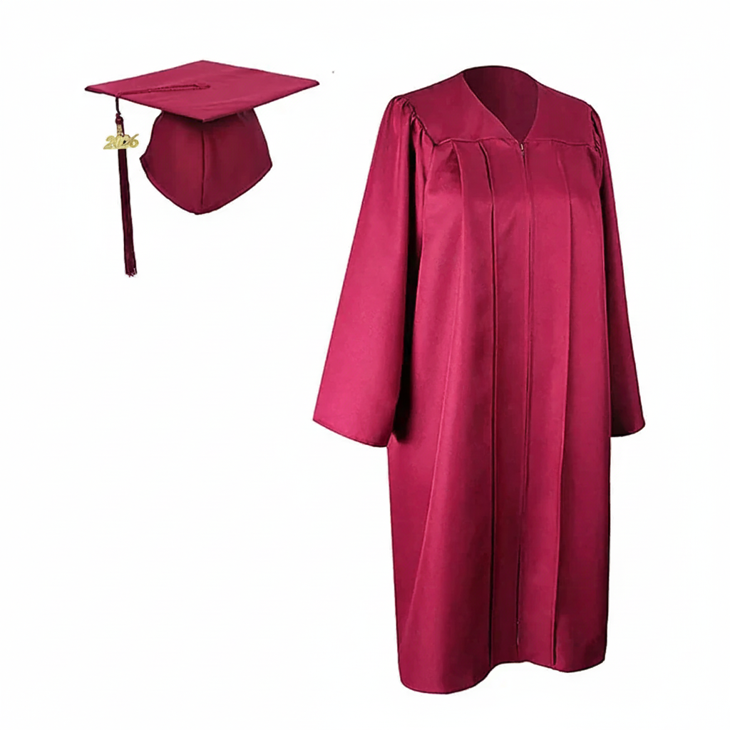 Maroon Graduation Cap, Gown and Tassel