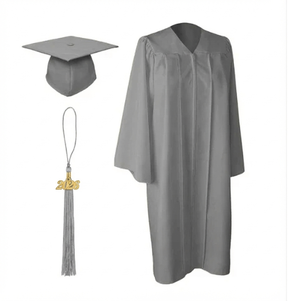 Matte Silver Cap, Gown and Tassel for Graduation