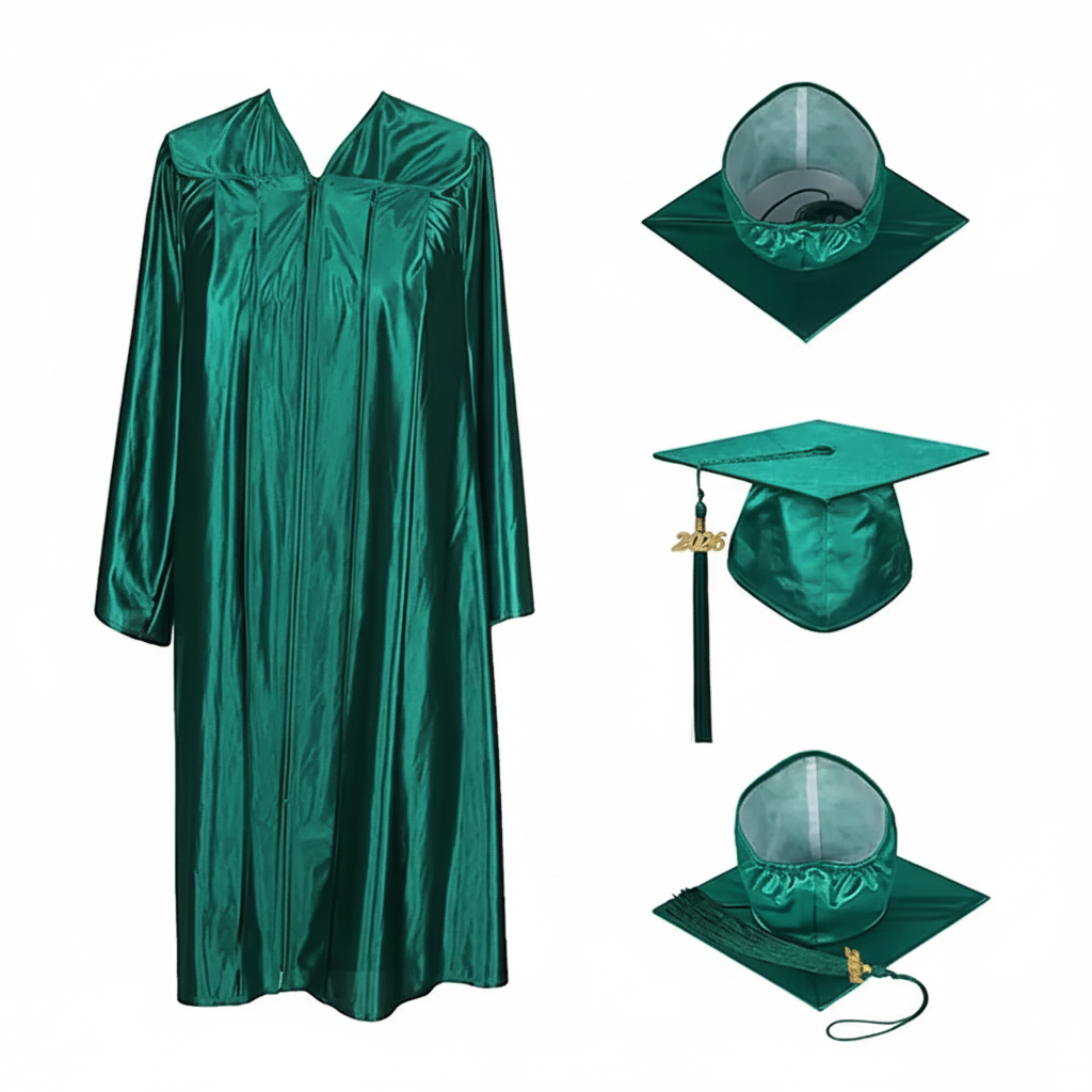 Shiny Hunter Green Cap, Gown & Tassel for Graduation