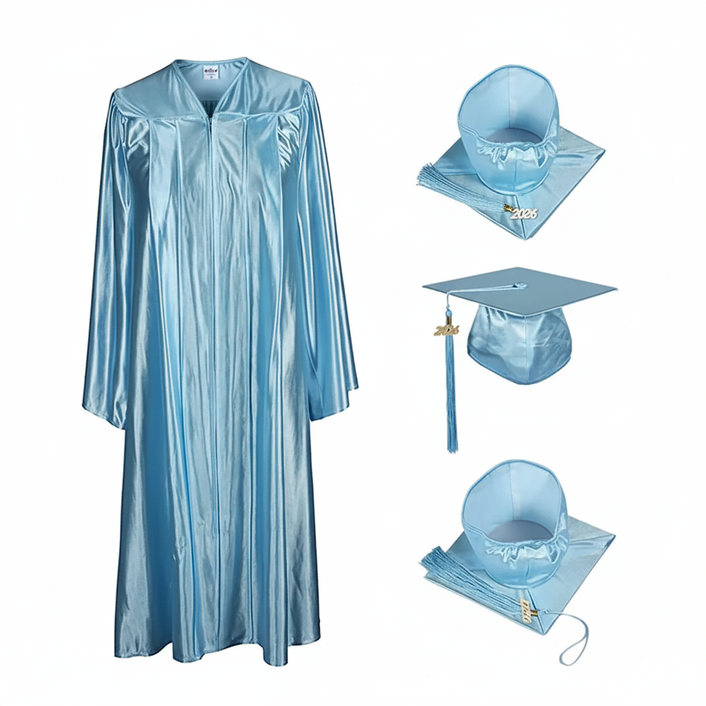 Shiny Light Blue Cap, Gown & Tassel for Graduation