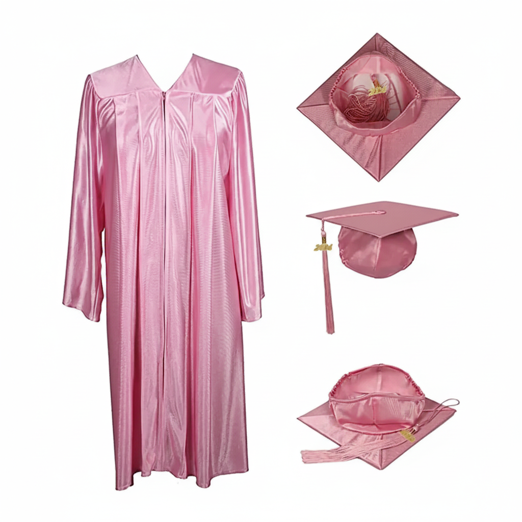 Shiny Pink Cap, Gown & Tassel for Graduation