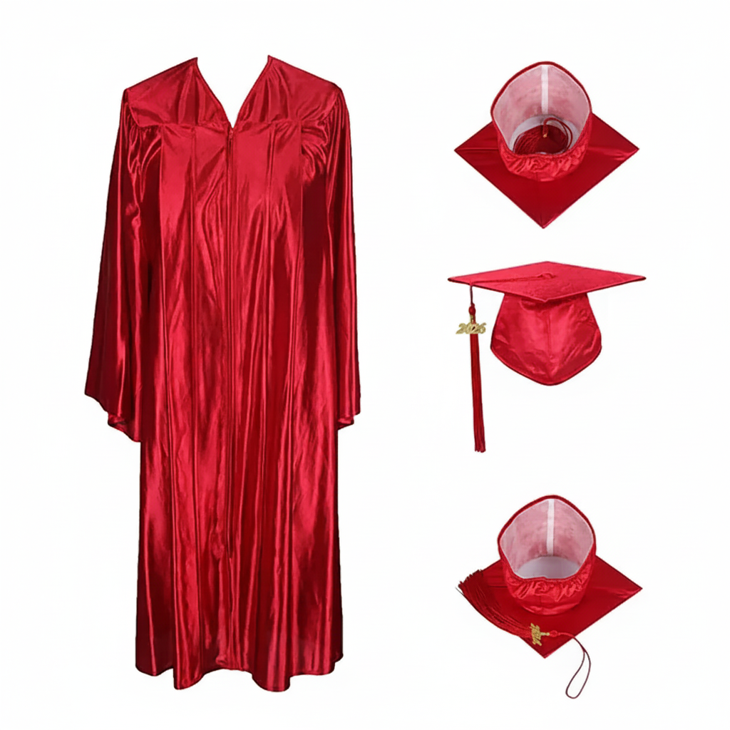 Shiny Red Cap, Gown & Tassel for Graduation