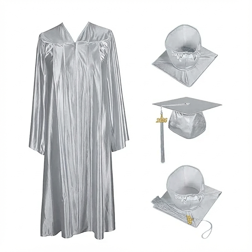 Shiny Silver Graduation Cap Gown and Tassel