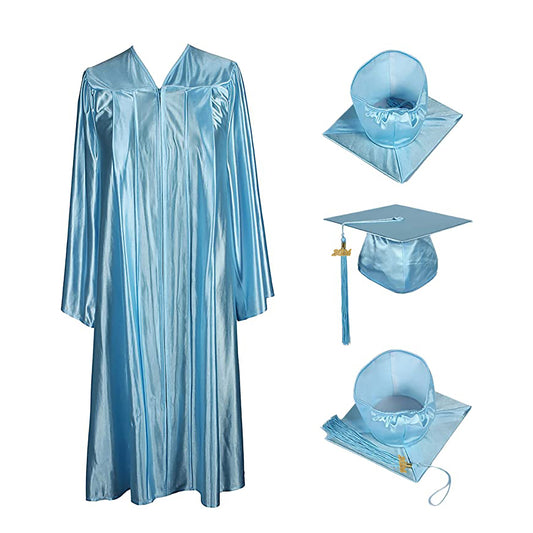 Shiny Light Blue Cap, Gown & Tassel