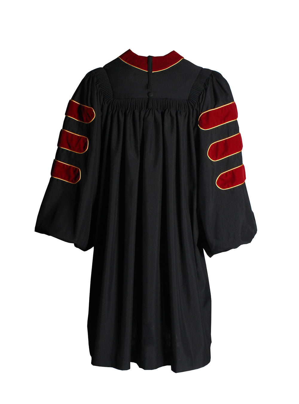 KUI Doctoral Cap and Gown Package - Deluxe Scarlet Doctoral Gown w/Gold Piping + Doctoral Hood w/ Scarlet Velvet Maroon Lining and White Chevron + 8 Sided Black Velvet Doctoral Tam