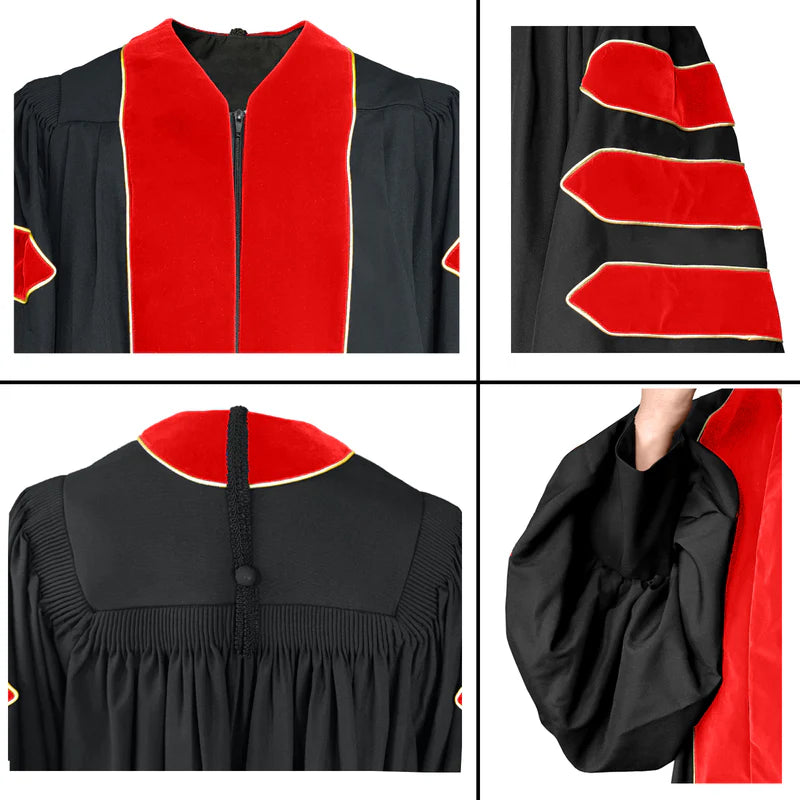 Red Deluxe Doctoral Gown with Gold Piping- Academic Regalia