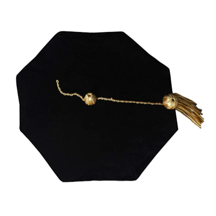 Black Velvet Octagon Doctoral Tam – 8-Sided with Gold Tassel & Velvet Hem