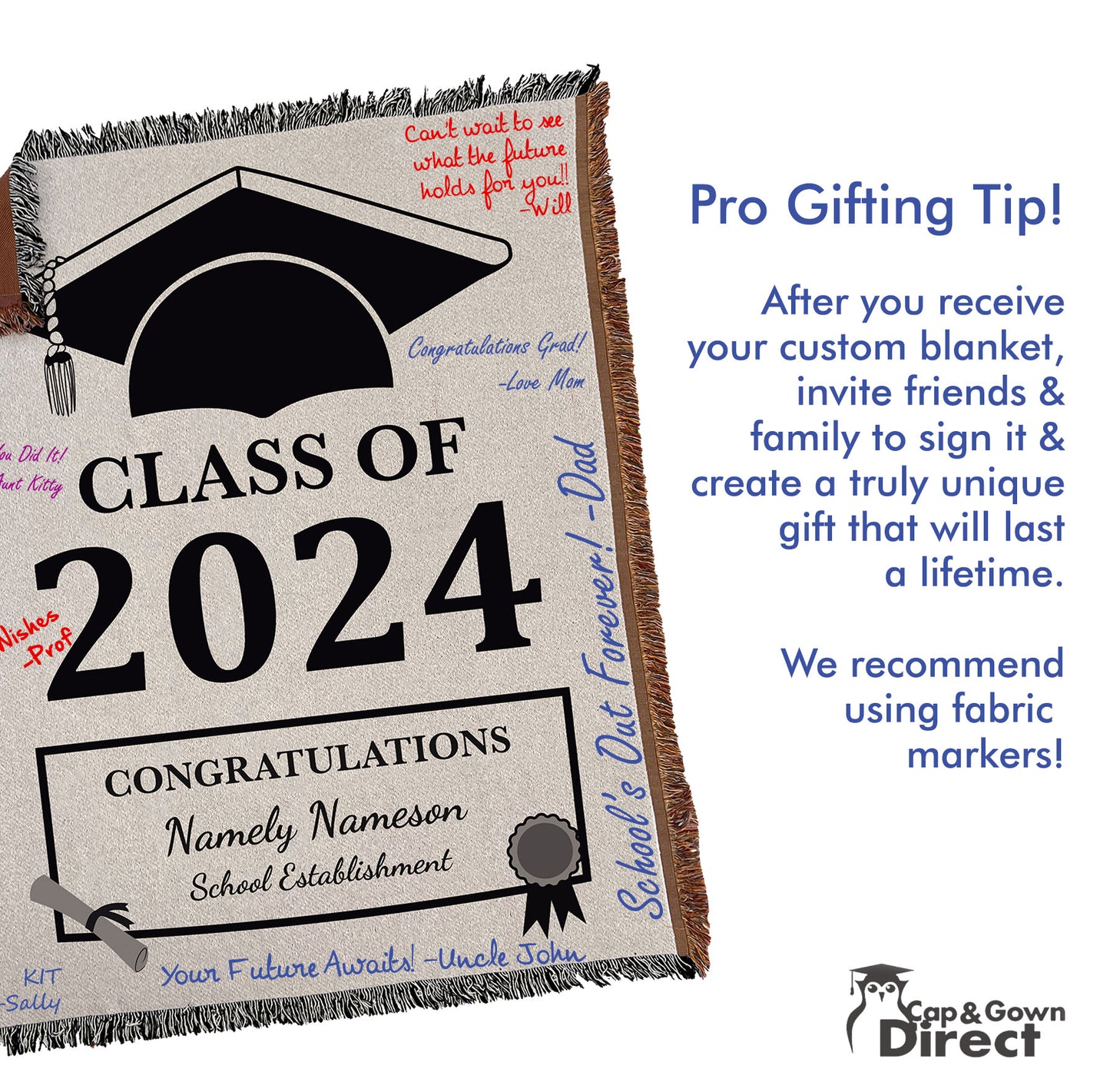 Custom Woven Class of 2025 Throw Blanket – Graduation Gift with Personalized School Name
