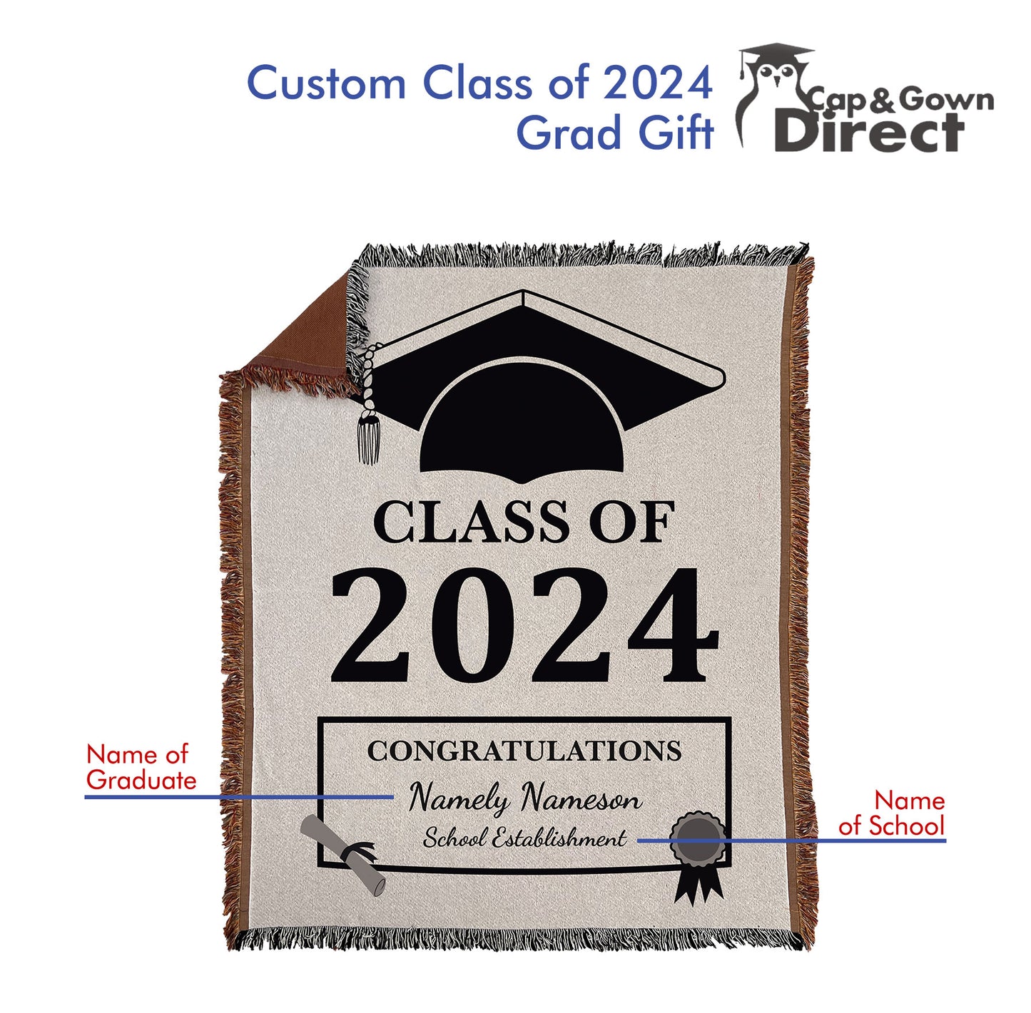 Custom Woven Class of 2025 Throw Blanket – Graduation Gift with Personalized School Name