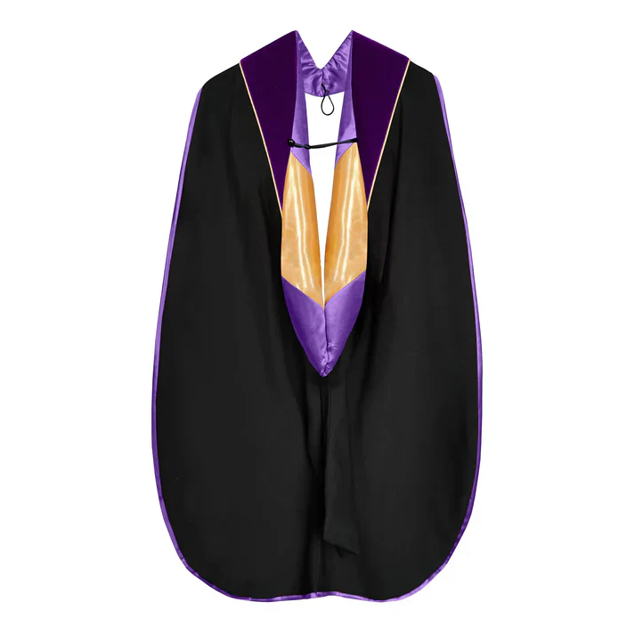 Doctoral Hood - Purple Velvet - Purple Lining - Gold Chevron - Gold Piping