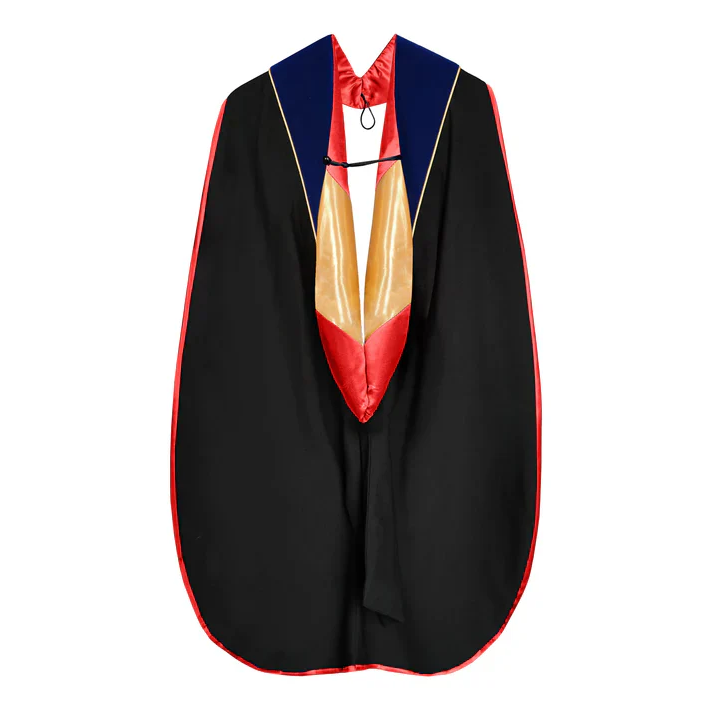 Doctoral Hood - Royal Blue Velvet - Red Lining - Gold Chevron - Gold Piping