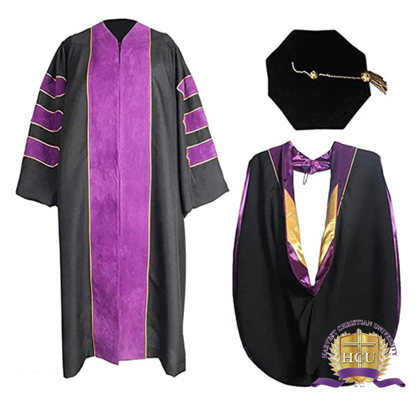 Harvest Christian University Deluxe Purple Velvet Doctoral Gown 3 Piece Set