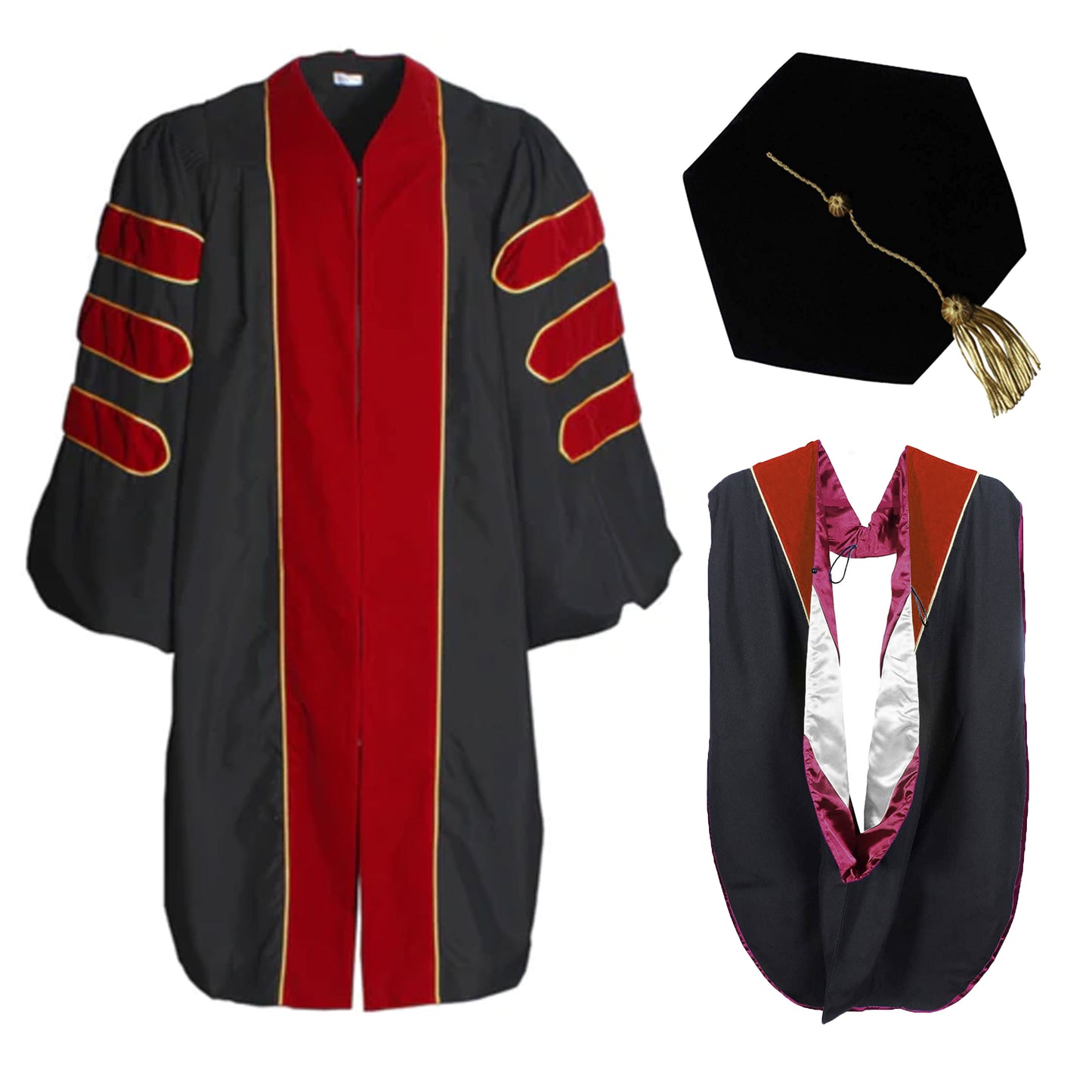 KUI Doctoral Cap and Gown Package - Deluxe Scarlet Doctoral Gown w/Gold Piping + Doctoral Hood w/ Scarlet Velvet Maroon Lining and White Chevron + 8 Sided Black Velvet Doctoral Tam