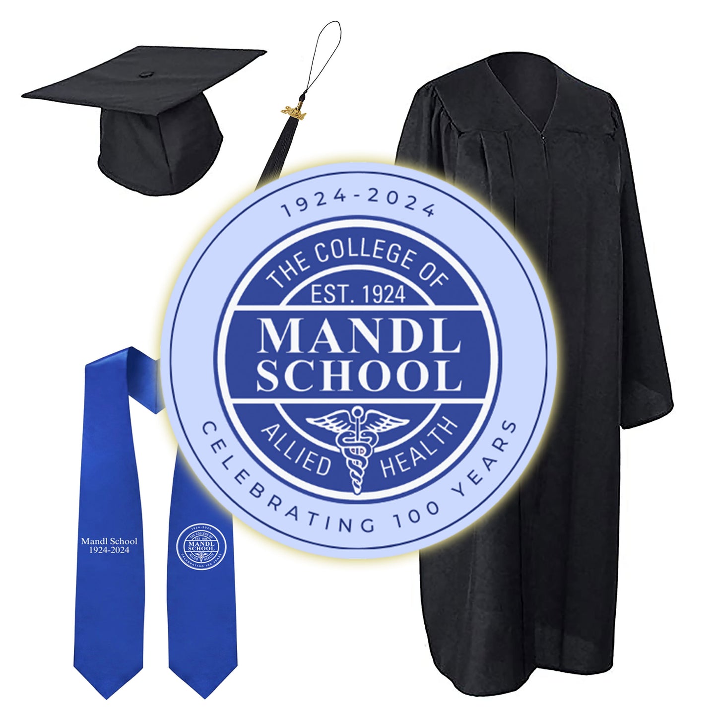 Mandl School Graduation Package 2024 - Matte Black Cap, Gown and Tassel