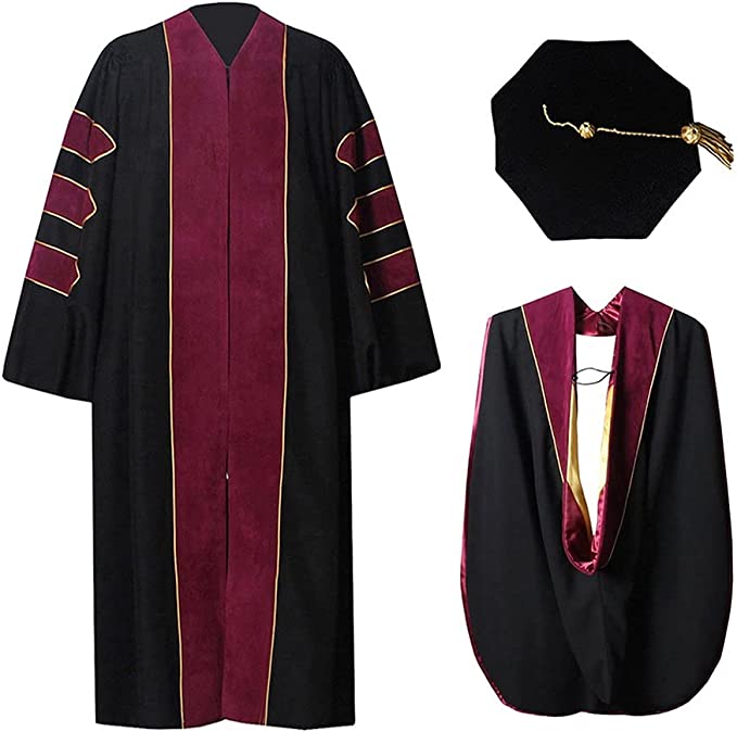 Deluxe Maroon Velvet Doctoral Gown 3 Piece Set w/ Doctoral Hood and 8 Sided Tam