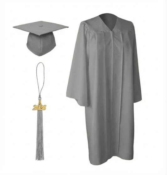 Matte Silver Cap, Gown and Tassel for Graduation