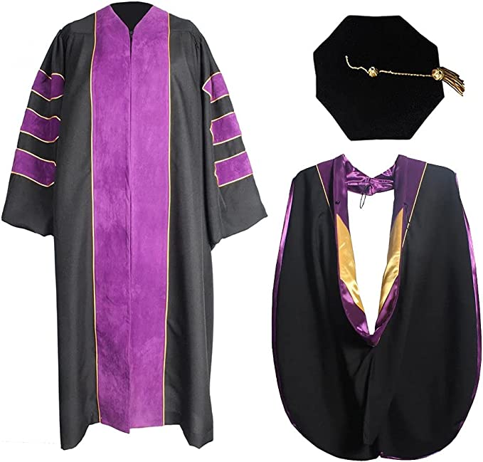 Deluxe Purple Velvet Doctoral Gown 3 Piece Set w/ Doctoral Hood and 8 Sided Tam