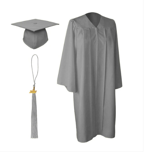 Matte Silver Cap, Gown and Tassel for Graduation