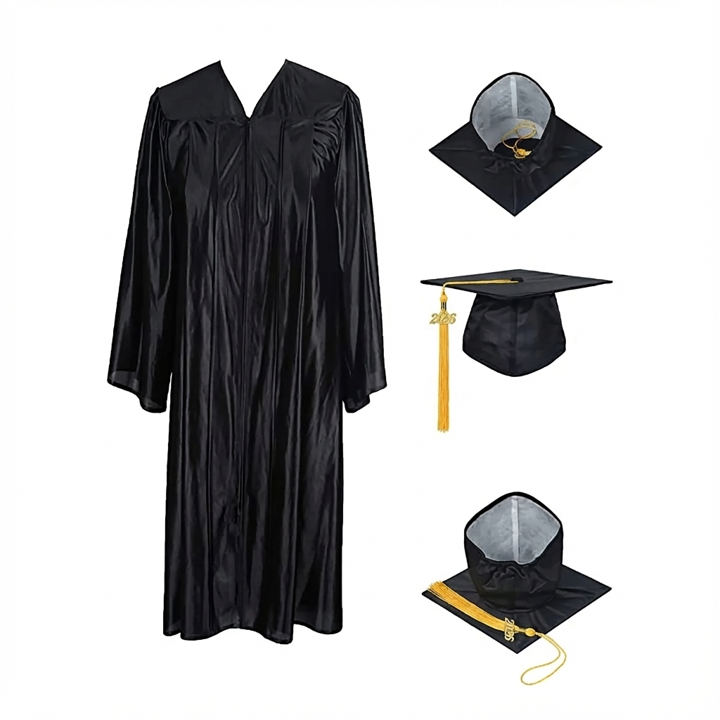 Shiny Black Cap, Gown & Tassel for Graduation