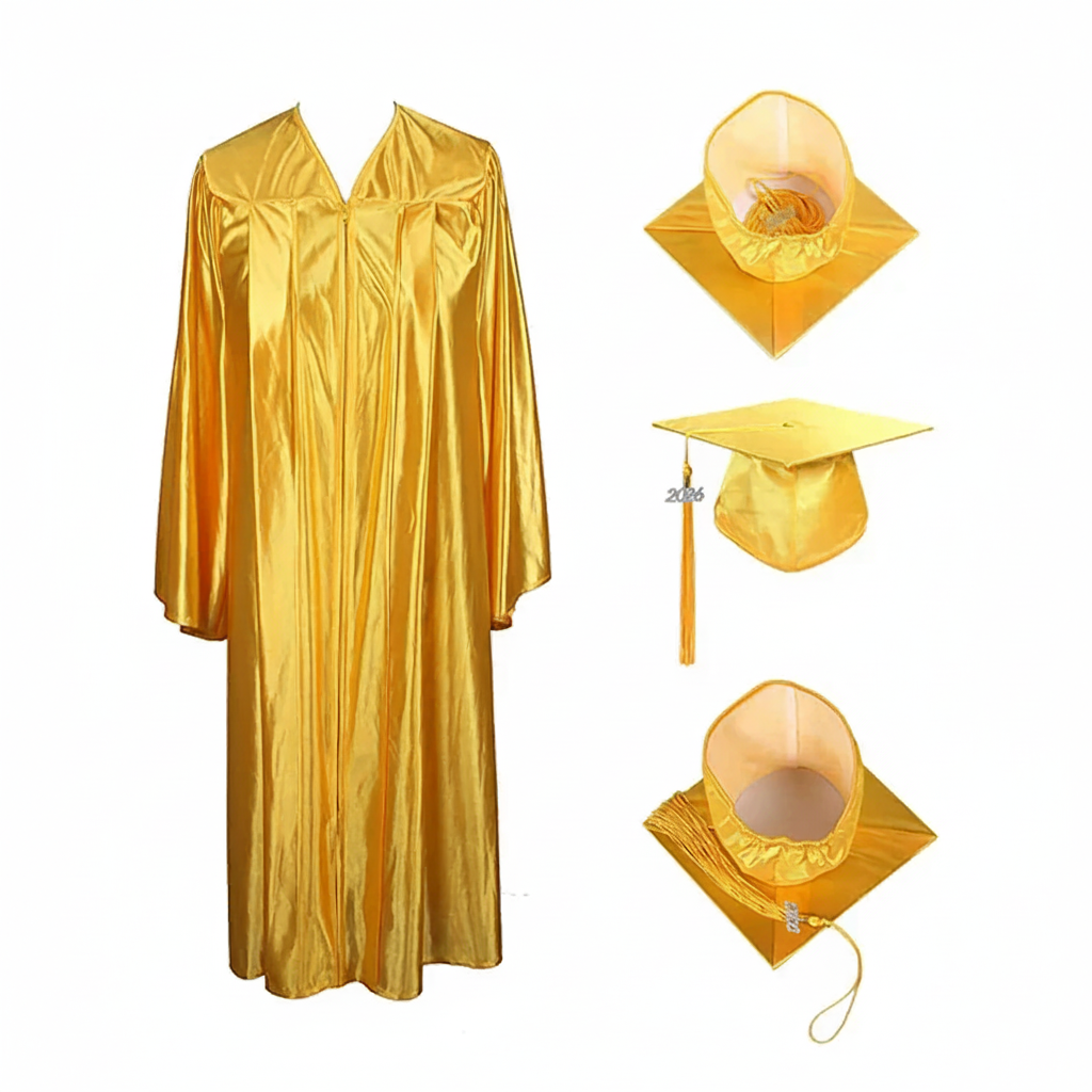 Shiny Gold Cap, Gown & Tassel for Graduation