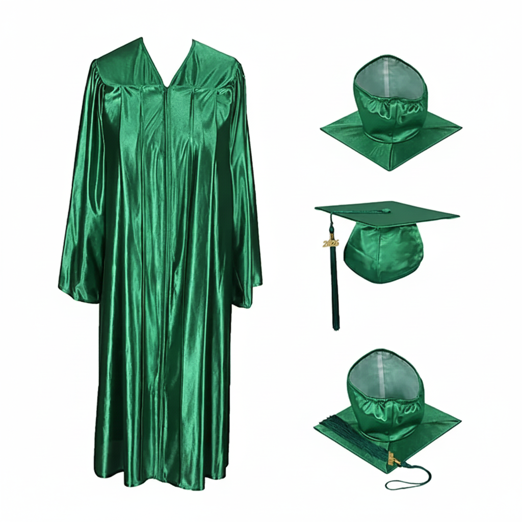 Shiny Kelly Green Cap, Gown & Tassel for Graduation