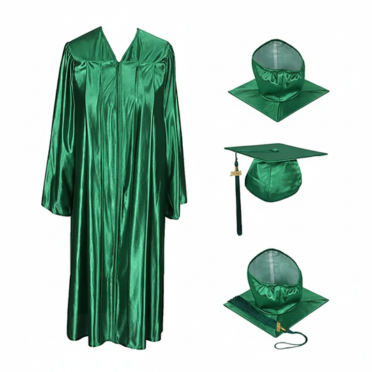 Shiny Kelly Green Cap, Gown & Tassel for Graduation