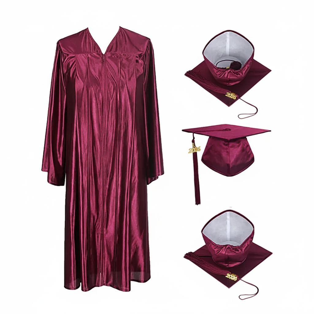 Shiny Maroon Cap, Gown & Tassel for Graduation