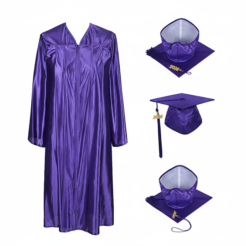 Shiny Purple Cap, Gown & Tassel  for Graduation