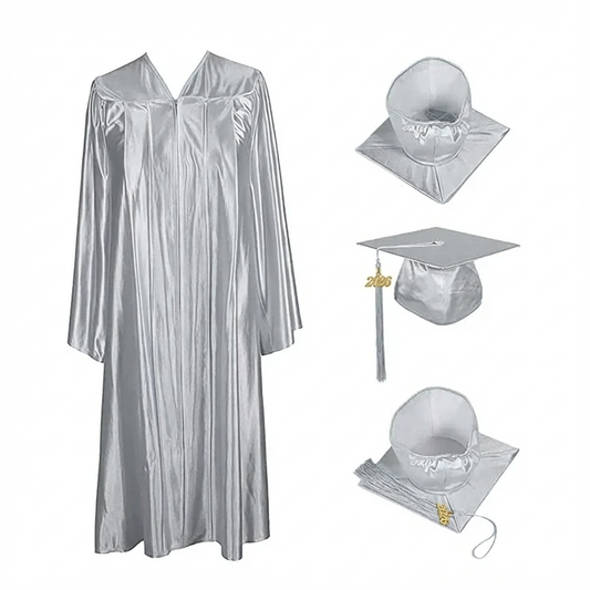Shiny Silver Cap, Gown & Tassel for Graduation