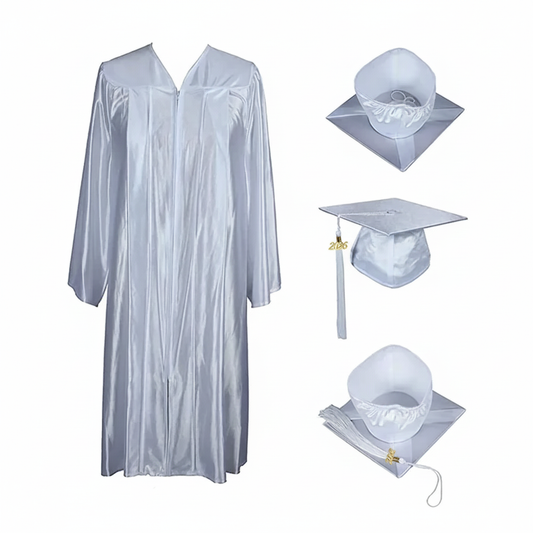 Shiny White Cap, Gown & Tassel for Graduation