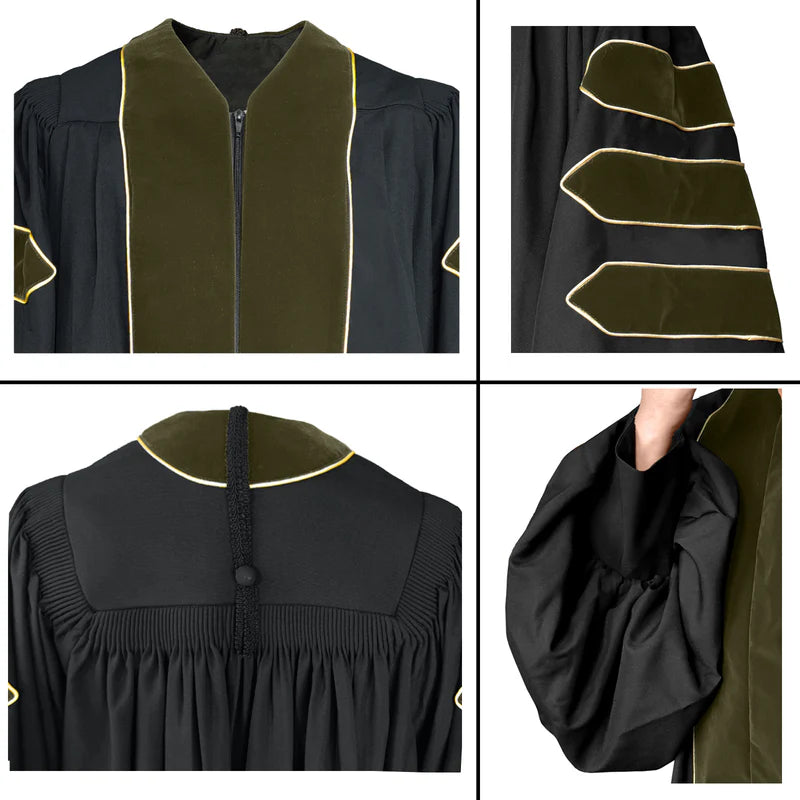 Olive Green Deluxe Doctoral Gown with Gold Piping - Academic Regalia