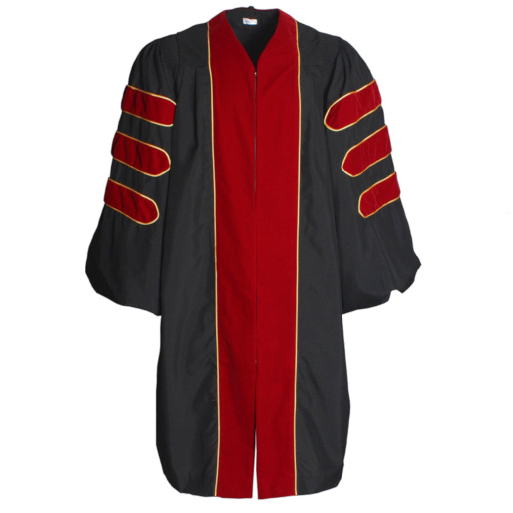 KUI Doctoral Cap and Gown Package - Deluxe Scarlet Doctoral Gown w/Gold Piping + Doctoral Hood w/ Scarlet Velvet Maroon Lining and White Chevron + 8 Sided Black Velvet Doctoral Tam