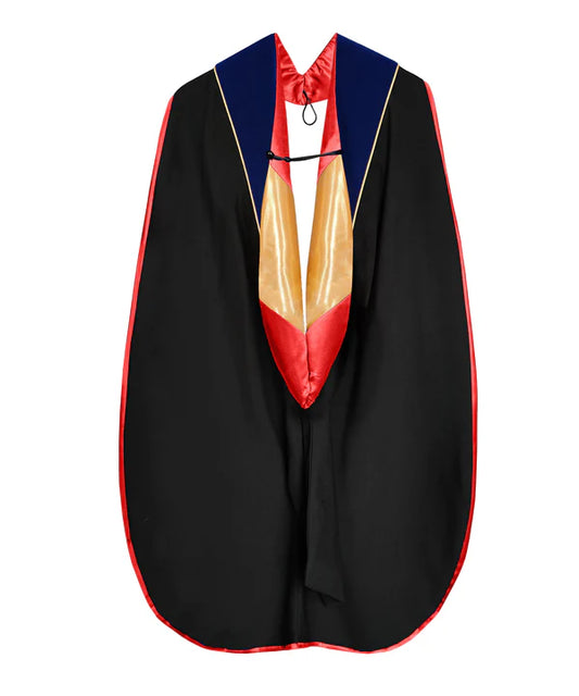 Doctoral Hood - Royal Blue Velvet - Red Lining - Gold Chevron - Gold Piping