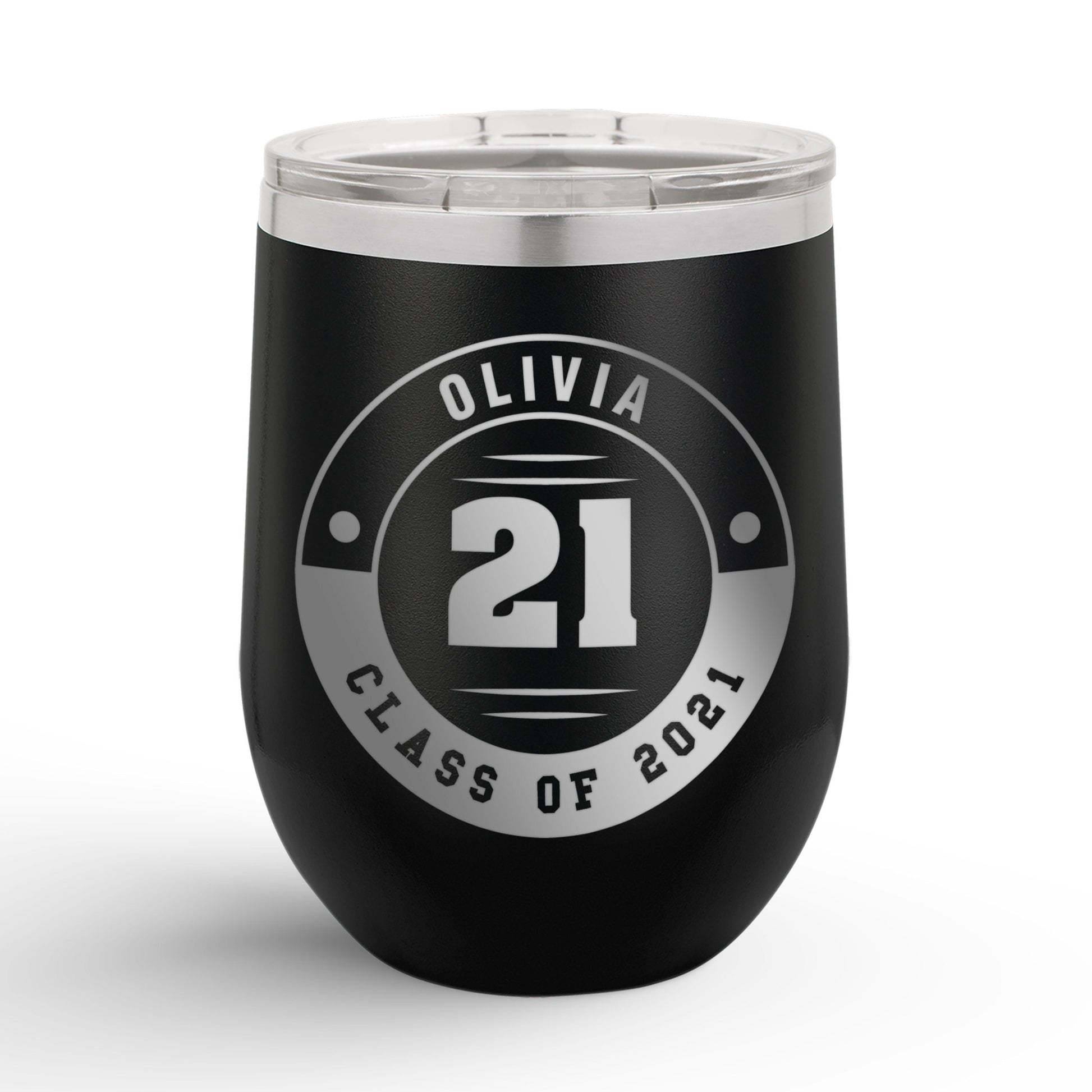 Personalized Retro Graduation Badge 12oz Insulated Wine Tumbler Insulated Tumbler Sam + Zoey Black 