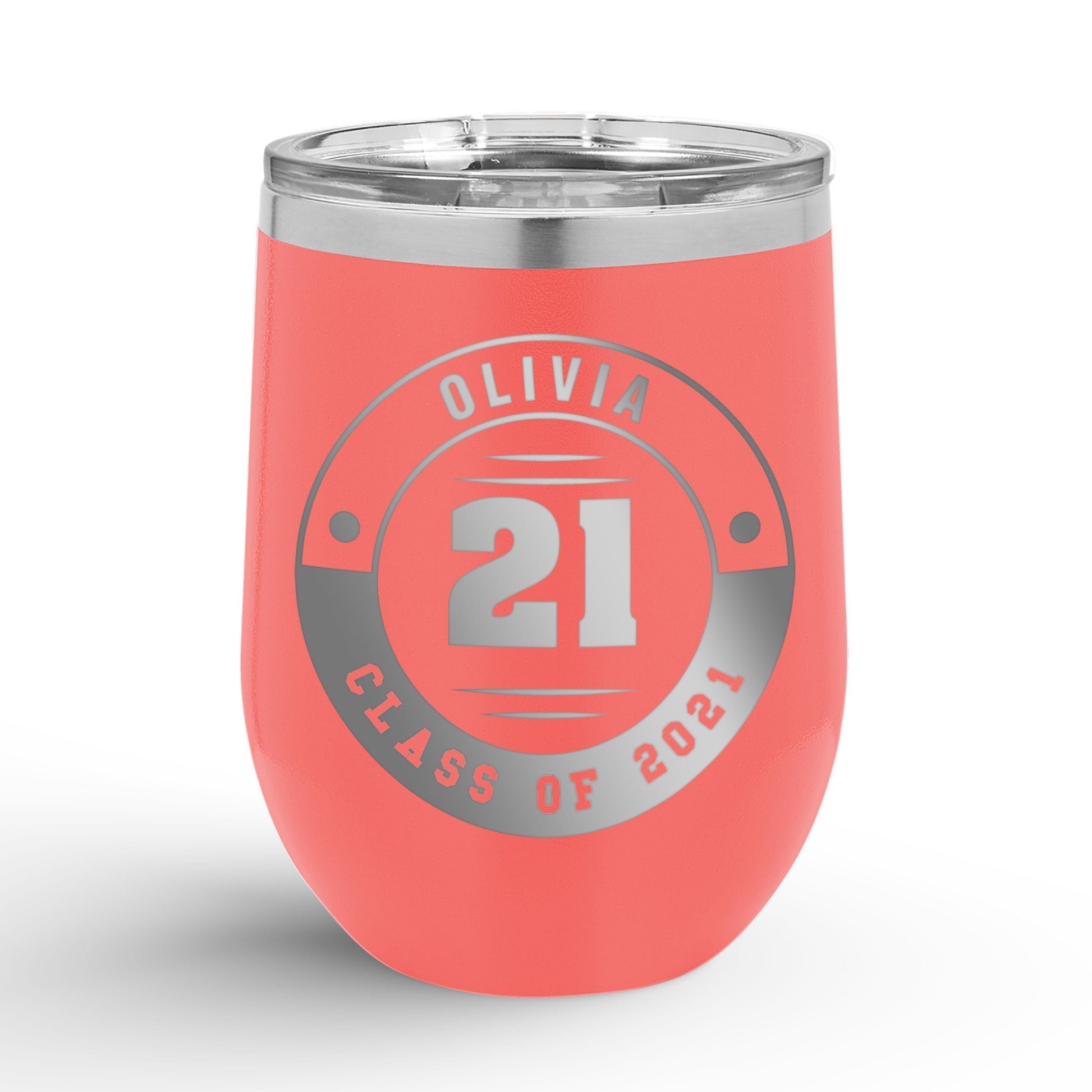 Personalized Retro Graduation Badge 12oz Insulated Wine Tumbler Insulated Tumbler Sam + Zoey Coral 