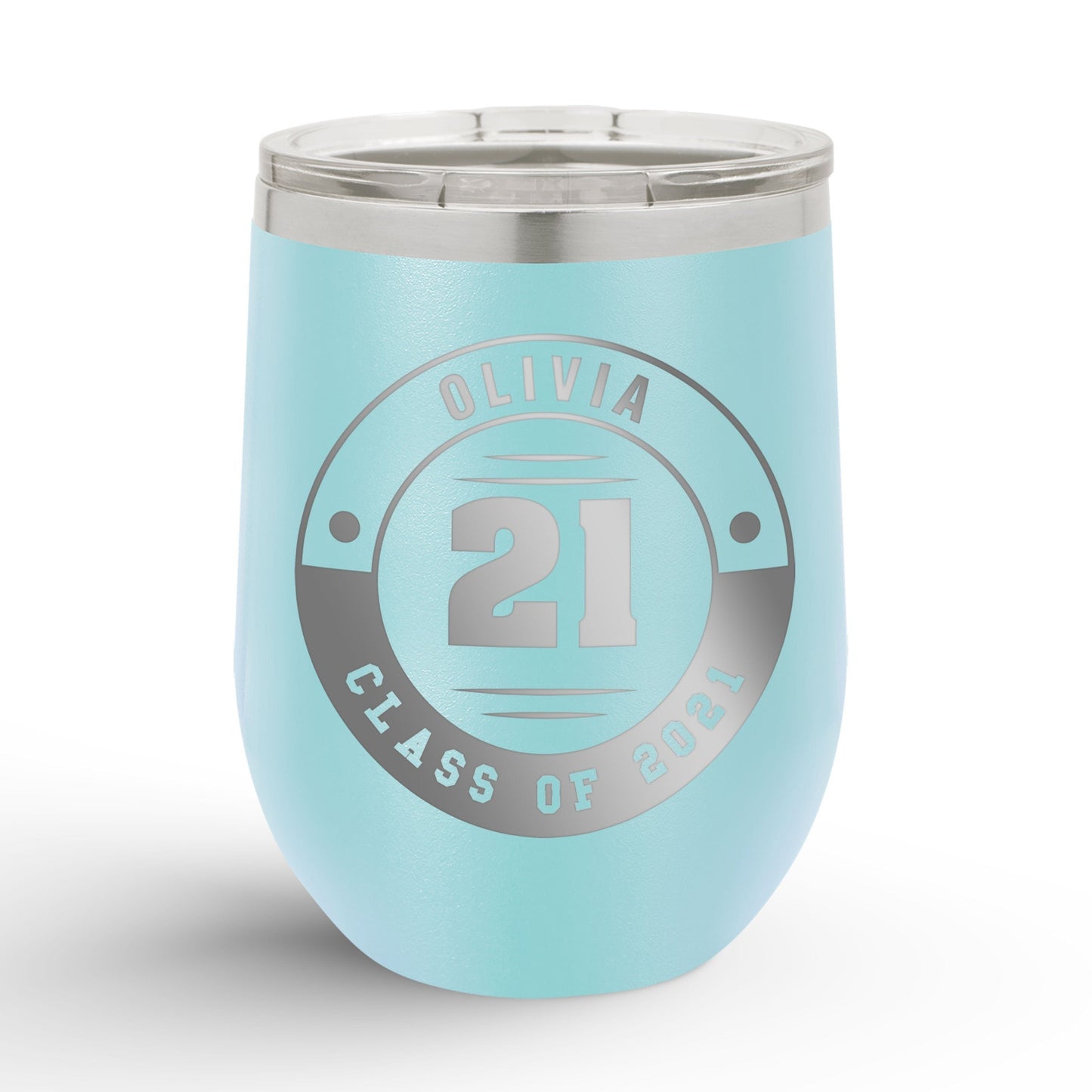 Personalized Retro Graduation Badge 12oz Insulated Wine Tumbler Insulated Tumbler Sam + Zoey Light Blue 