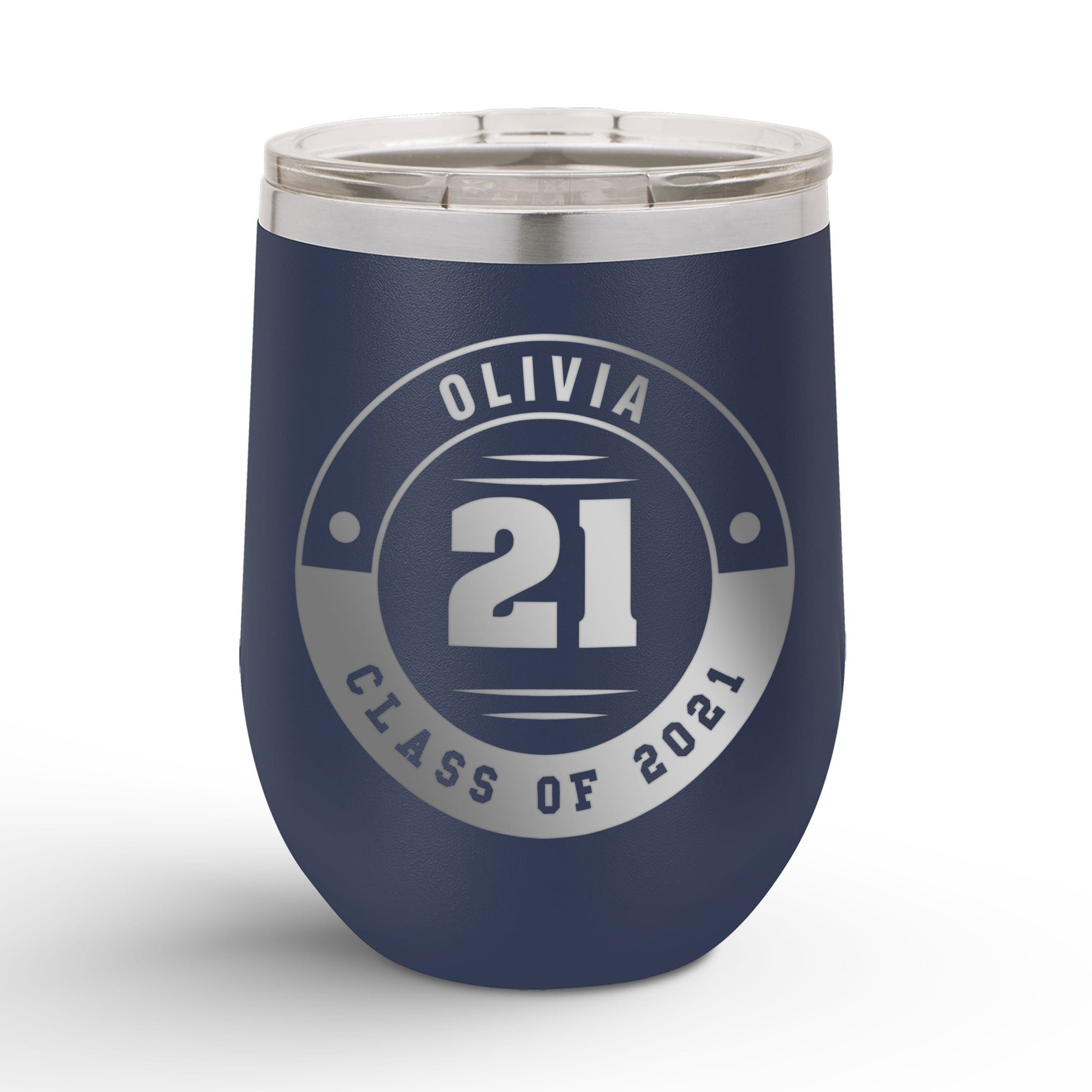 Personalized Retro Graduation Badge 12oz Insulated Wine Tumbler Insulated Tumbler Sam + Zoey Navy Blue 