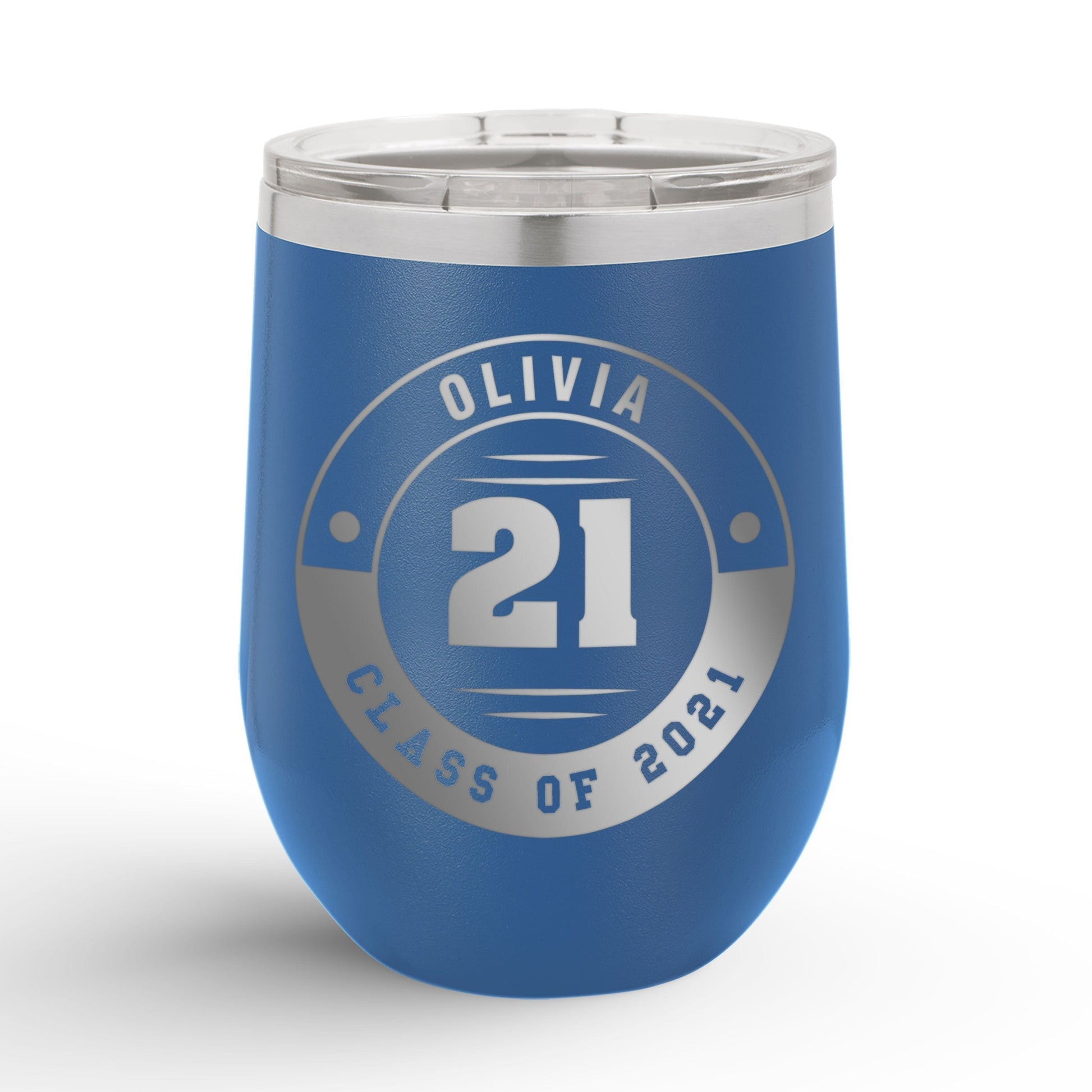 Personalized Retro Graduation Badge 12oz Insulated Wine Tumbler Insulated Tumbler Sam + Zoey Royal Blue 