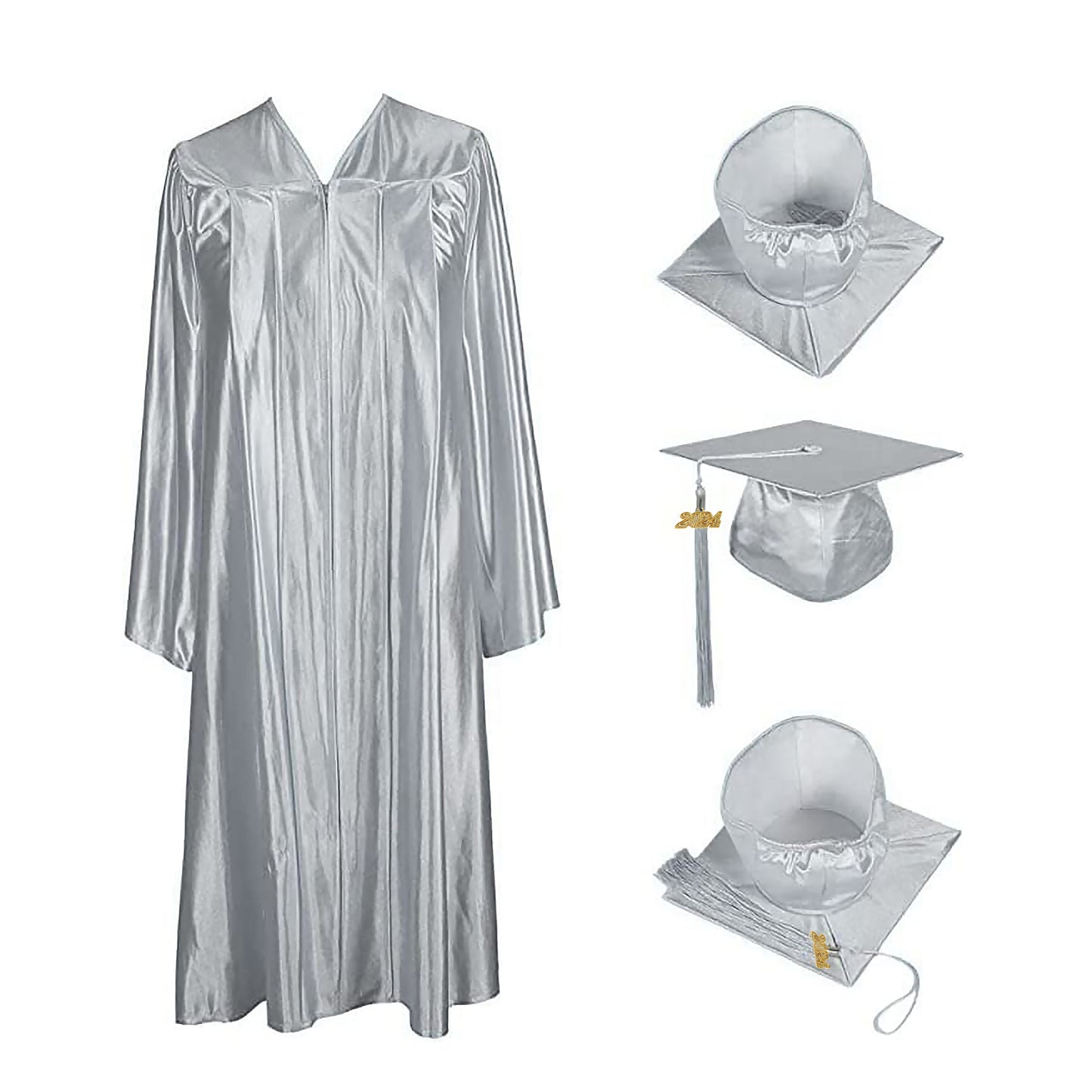 Shiny Silver Cap, Gown & Tassel