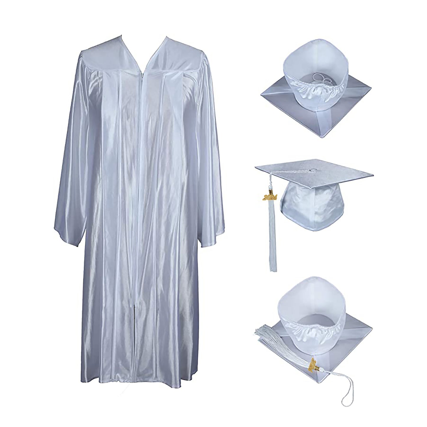 Shiny White Cap, Gown & Tassel