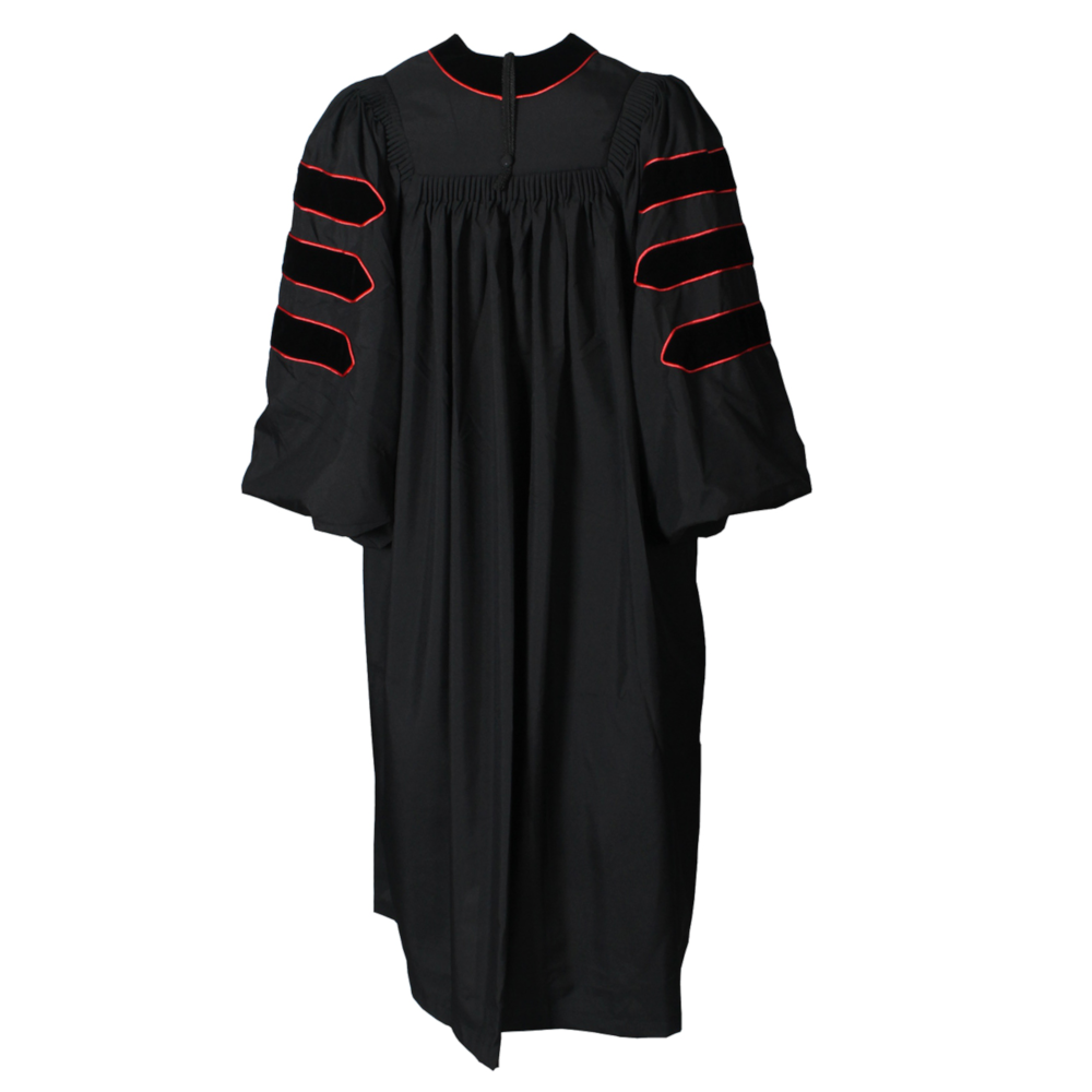 Deluxe Black Doctoral Gown with Red Piping | Cap and Gown Direct Deluxe Black Doctoral Gown with Red Piping | Cap and Gown Direct