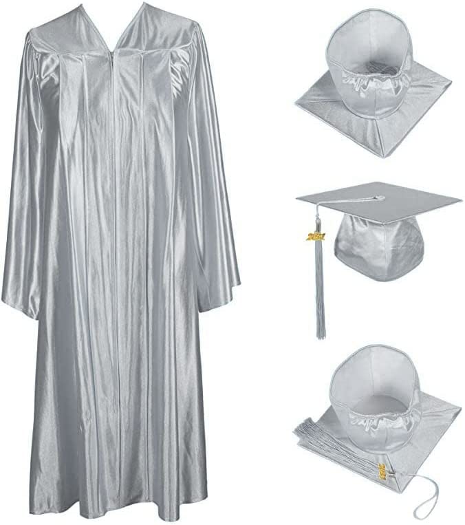 Kcl Graduation Robe Silver Shiny Kinder Silver Cap, Gown & Tassel for Graduation