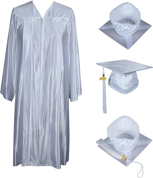 Shiny Kinder White Cap, Gown & Tassel